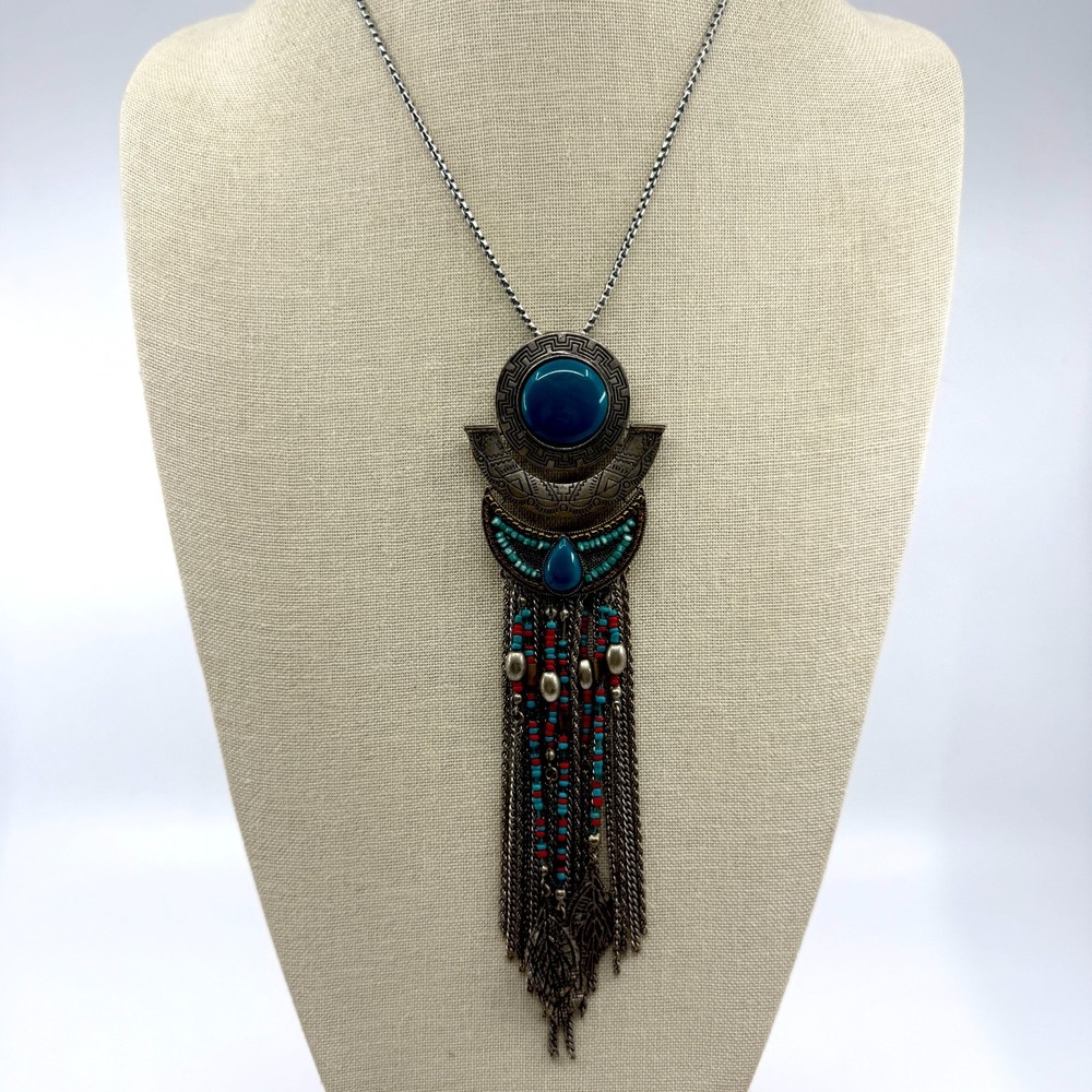 Boho Tribal Fringe Beaded Pendant Necklace - Silver Tone Statement Jewelry